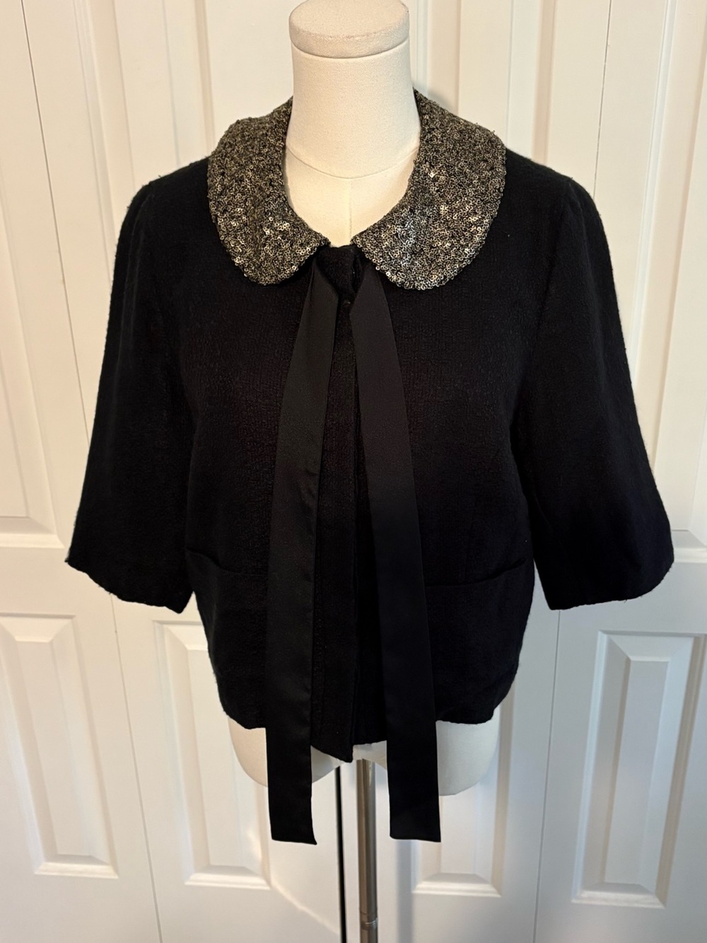 MONTEAU Black Cardigan/Blazer, Sequin Embellished Peter Pan Collar w/Ribbon Tie